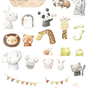 May include: A set of 27 watercolour illustrations of animals, including a giraffe, a rhino, a panda, a penguin, a sloth, a zebra, a lion, a bear, a frog, a snail, a pig, a rabbit, a cat, a duck, and a boat. The illustrations are in a cartoon style and are perfect for use in children's books, cards, or other creative projects.