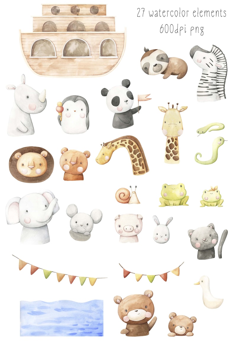 May include: A set of 27 watercolour illustrations of animals, including a giraffe, a rhino, a panda, a penguin, a sloth, a zebra, a lion, a bear, a frog, a snail, a pig, a rabbit, a cat, a duck, and a boat. The illustrations are in a cartoon style and are perfect for use in children's books, cards, or other creative projects.