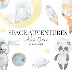 Space Animals Astronaut Watercolor Clipart Planet Clip art Digital Download