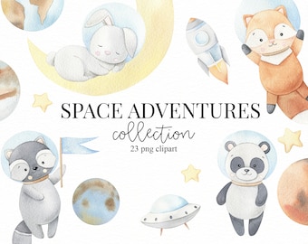 Space Animals Astronaut Watercolor Clipart Planet Clip art Digital Download