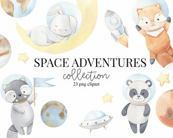 May include: A watercolor illustration set of space-themed animals, planets, and a rocket ship. The set includes a raccoon, panda, fox, bunny, and planets. The text "SPACE ADVENTURES collection 23 png clipart" is included in the image.