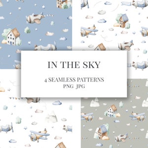 Könnte beinhalten: Vier nahtlose Muster mit Aquarell-Illustrationen von Häusern, Flugzeugen, Wolken und Sternen auf blauem und grauem Hintergrund. Der Text "IN THE SKY" und "4 SEAMLESS PATTERNS PNG JPG" wird in der Mitte des Bildes angezeigt.