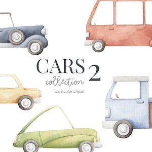 Watercolor Cars Clipart, Watercolor Transportation Clipart, Nursery art, Boys room, Multicolored Automobiles,  Automobiles, Vehicle