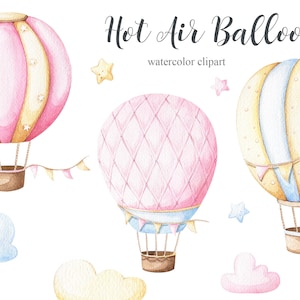 Heißluftballon Aquarell Clipart, Kinder Clipart, Kinderzimmer Dekor, Baby Mädchen, Its a girl, KinderKunst, Kinderzimmer Kunst