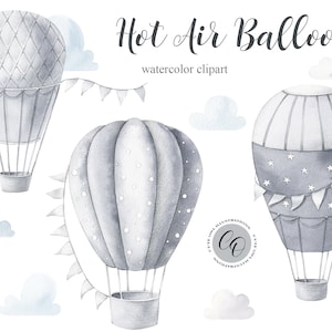 Hot Air Balloon Watercolor Clipart, Kids Clipart, Nursery Decor, Baby boy, Its a boy, Kids Art, Nursery Art