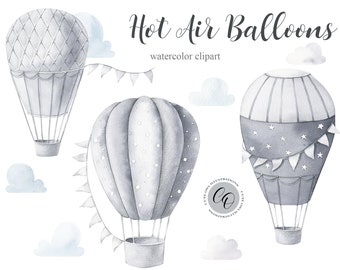 Hot Air Balloon Watercolor Clipart, Kids Clipart, Nursery Decor, Baby boy, Its a boy, Kids Art, Nursery Art