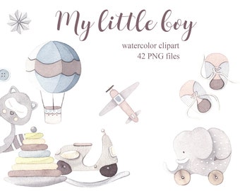 Watercolor baby boy clipart -  Watercolor toys - Baby shower clipart - Baby birthday clipart - Nursery clipart- Watercolor pastel clipart