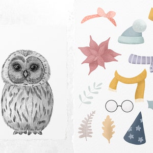 May include: A black and white illustration of an owl with various accessories. The accessories include a pink bow, a blue hat with a white pom-pom, a gold crown, a pink poinsettia, a striped scarf, a yellow scarf, round glasses, a wizard hat, and leaves.