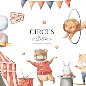 Circus aquarel clipart, circustent, beer, zegel, muis, vos, konijntje, circusdieren, kinderen, jongens, babyshower, kinderdagverblijf, digitale download