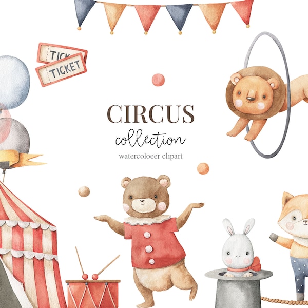 Circus Watercolor Clipart, circus tent, bear, seal, mouse, fox, bunny, circus animals, kids, boys, baby shower, nursery, Digital Download