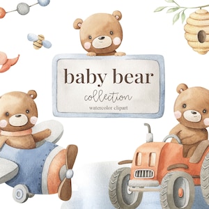 Bébé ours aquarelle Clipart, pilote animal, pilote, Kids Clipart, Nursery Decor, Baby boy, Its a boy, Kids Art, Nursery Art, baby shower