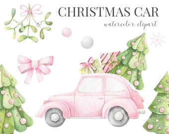 May include: A pink vintage car with a Christmas tree and presents on top. The car is decorated with a pink bow and the Christmas tree is decorated with green and pink ornaments. Watercolor clipart.