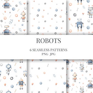 Puede incluir: Seis patrones sin costuras de acuarela con robots lindos con engranajes, tuercas, tornillos y otros elementos mecánicos. Los patrones están sobre un fondo blanco.
