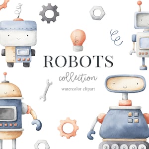 Robot Acuarela Clipart, niños, niños, mecánico, técnica, personaje, metal, baby shower, guardería, robótica, Descarga Digital