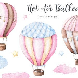 Clipart aquarelle de montgolfière, Clipart pour enfants, Décoration de crèche, Petite fille, C’est une fille, Art pour enfants, Art de crèche