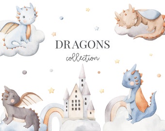 May include: Watercolor illustration of a collection of cute dragons with clouds, a rainbow, and a castle. The text "DRAGONS collection" is written in the center of the image.