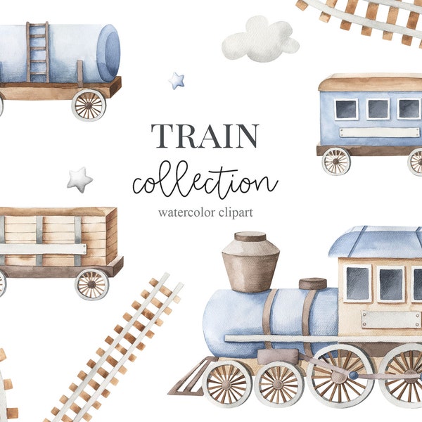 Watercolor Train Clipart, Rail Wagons watercolor, Kids Clipart, Nursery Decor, Baby boy, Its a boy, Kids Art, Nursery Art