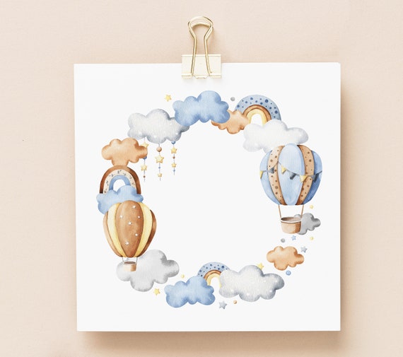 Baby Boy Hot Air Balloon Wreath Watercolor. Baby Shower Clipart Invite.  Nursery Clip Art. Frame Clipart. Scrapbooking, Printable PNG 
