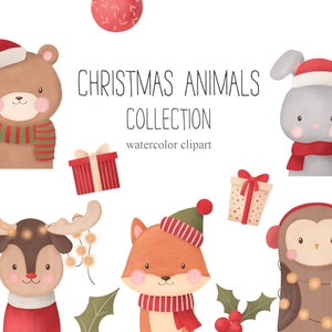 Aquarelle Animaux de Noël Clipart Noël Clipart Téléchargement instantané Fox Bunny Raton laveur Ours Hibou Cerf Arbre Cadeau