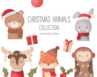Watercolor Christmas Animals Clipart Christmas Clipart Instant Download Fox Bunny Raccoon Bear Owl Deer Tree Gift