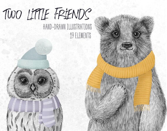 Hand Drawn clipart, owl clipart, bear clipart,  clipart set, png files, woodland clip art, woodland, png, digital, nursery, poster