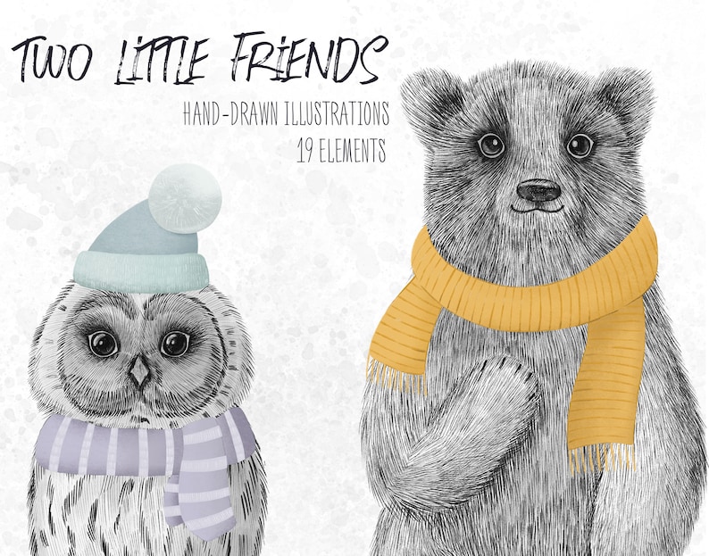 Hand Drawn clipart, owl clipart, bear clipart, clipart set, png files, woodland clip art, woodland, png, digital, nursery, poster image 1