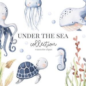 Watercolor Under the sea Clipart. Baby boy nautical clip art  Baby shower birthday invitation nursery art desing Digital Download