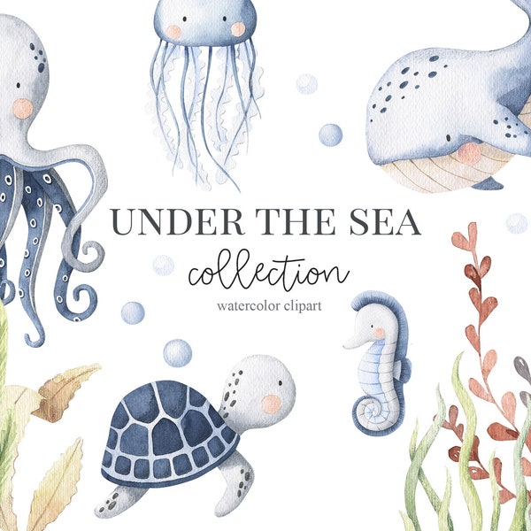 Watercolor Under the sea Clipart. Baby boy nautical clip art  Baby shower birthday invitation nursery art desing Digital Download