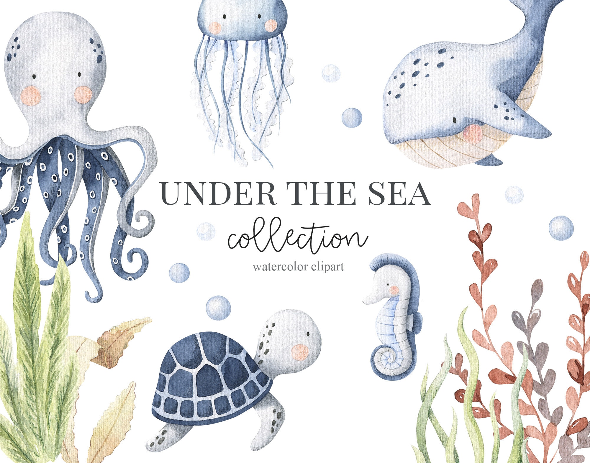 Watercolor Under the sea Clipart. Baby boy nautical clip art  Baby shower birthday invitation nursery art desing Digital Download