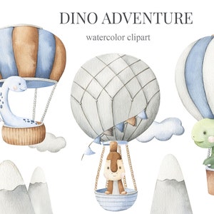 Aquarel dinosaurussen, blauwe heteluchtballonnen, jongens clipart, kinderkamer decor, jongens kamer decor, babyjongen, het is een jongen, Kids Art, kinderkamer kunst