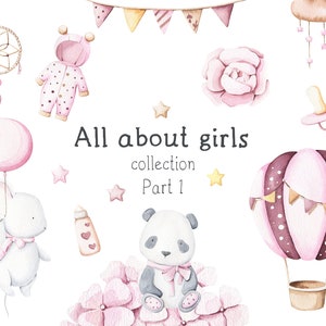 Clipart della bambina dell'acquerello. ClipArt neonato bambina Baby shower compleanno invito vivaio arte desing Download digitale