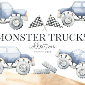 Aquarell Monster Trucks, Off-Road Autos, Jungen Clipart, Kinderzimmer Dekor, Jungen Zimmer Dekor, Baby Junge, Es ist ein Junge, Kinder Kunst, Kinderzimmer Kunst