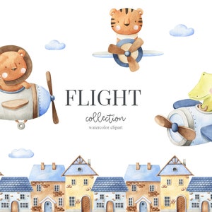 Animais piloto em aquarela, aviões, casas, clipart de meninos, decoração de berçário, decoração de quarto de meninos, menino, é um menino, arte infantil, arte de berçário