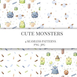 May include: Four seamless patterns featuring cute watercolor monsters. The patterns include blue, green, brown, and white monsters with different expressions. The patterns are perfect for kids' clothing, fabric, and wallpaper.