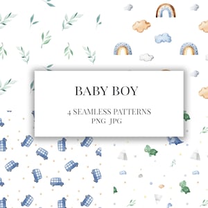 Baby boy Seamless Pattern / Watercolor car dinosaurs leaves rainbow digital download repeat for fabric Baby boy pattern