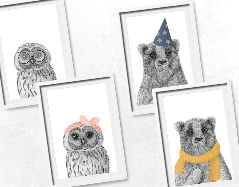 May include: Set of five framed art prints featuring adorable animal illustrations. Includes a gray owl wearing glasses, a bear with a party hat, an owl with a pink bow, and a bear with a yellow scarf. The prints are in black and white.