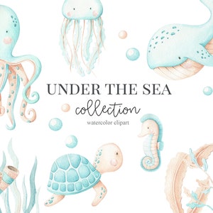 Aquarell Unter dem Meer Clipart. Baby Mädchen Mint Türkis nautische ClipArt Baby-Dusche Geburtstag Einladung Kinderzimmer Kunst Digital Download