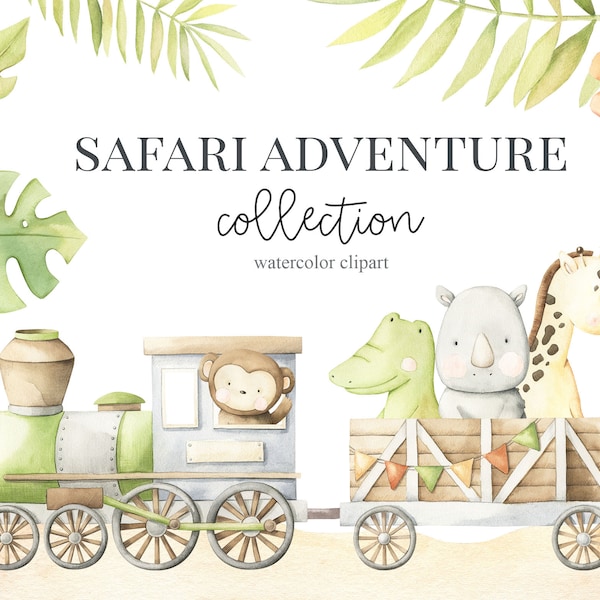 Safari Train Animal Clipart -  Watercolor jungle tiger, lion, monkey, hippo, giraffe, zebra, rhino, crocodile.Baby shower,wall art