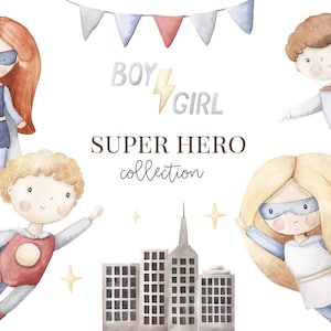 Superheld Aquarell Clipart. Superheld Kinderzimmer Kunst, Wanddekor. Mädchen, Jungen, Wolkenkratzer, Heldengeburtstag, Babyheld