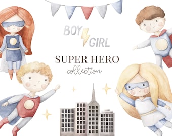 Superhero watercolor Clipart. Super hero Nursery art, wall decor. Girls, boys, skyscraper, hero birthday, baby hero