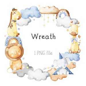 Baby Jungen Safari Kranz Aquarell. Baby Shower Clipart einladung. Aquarell Kinderzimmer Clip Art. Rahmen Clipart. Scrapbooking, druckbare PNG
