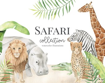 Safari Tropical Animal Clipart -  Watercolor jungle elephant, lion, leopard, hippo, giraffe, zebra, antelope, crocodile.Baby shower,wall art
