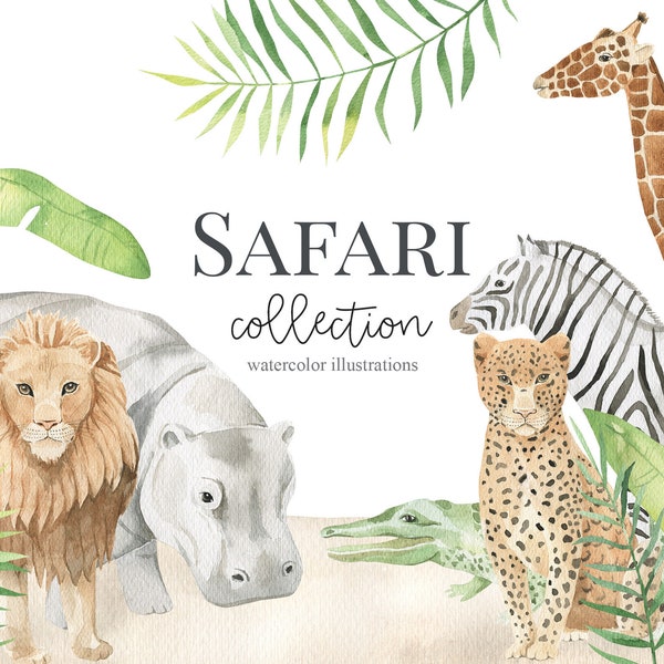 Safari Tropical Animal Clipart -  Watercolor jungle elephant, lion, leopard, hippo, giraffe, zebra, antelope, crocodile.Baby shower,wall art