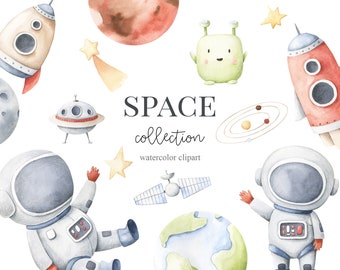 Space Astronaut Alien Rocket Watercolor Clipart Planet Clip art Digital Download