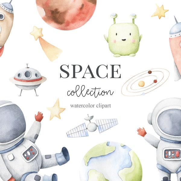 Space Astronaut Alien Rocket Watercolor Clipart Planet Clip art Digital Download