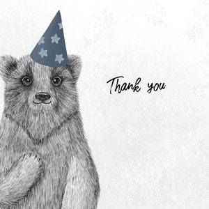 May include: A black and white illustration of a bear wearing a blue party hat with white stars. The bear is drawn in a detailed, textured style. The words "Thank you" are written in a cursive font.