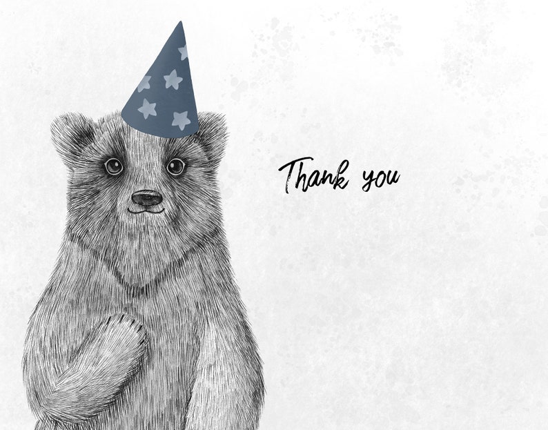 May include: A black and white illustration of a bear wearing a blue party hat with white stars. The bear is drawn in a detailed, textured style. The words "Thank you" are written in a cursive font.