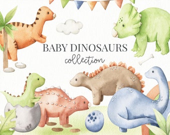 Baby Dinosaur Watercolor Clipart. Baby boy animal clip art. Baby shower, Wall decal. Birthday invitation, nursery art desing, scrapbooking