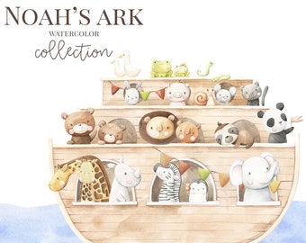 Watercolor Noah&#39;s ark baby nursery Clipart. Baby animal clip art  Baby shower birthday invitation nursery art design Digital Download Bible
