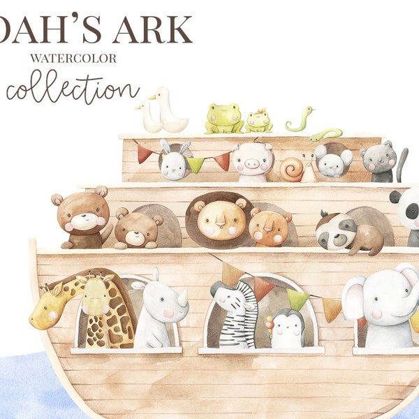 Aquarel Noah's ark babykamer Clipart. Baby dieren clip art Baby shower verjaardagsuitnodiging kinderkamer kunst ontwerp Digitale Download Bijbel